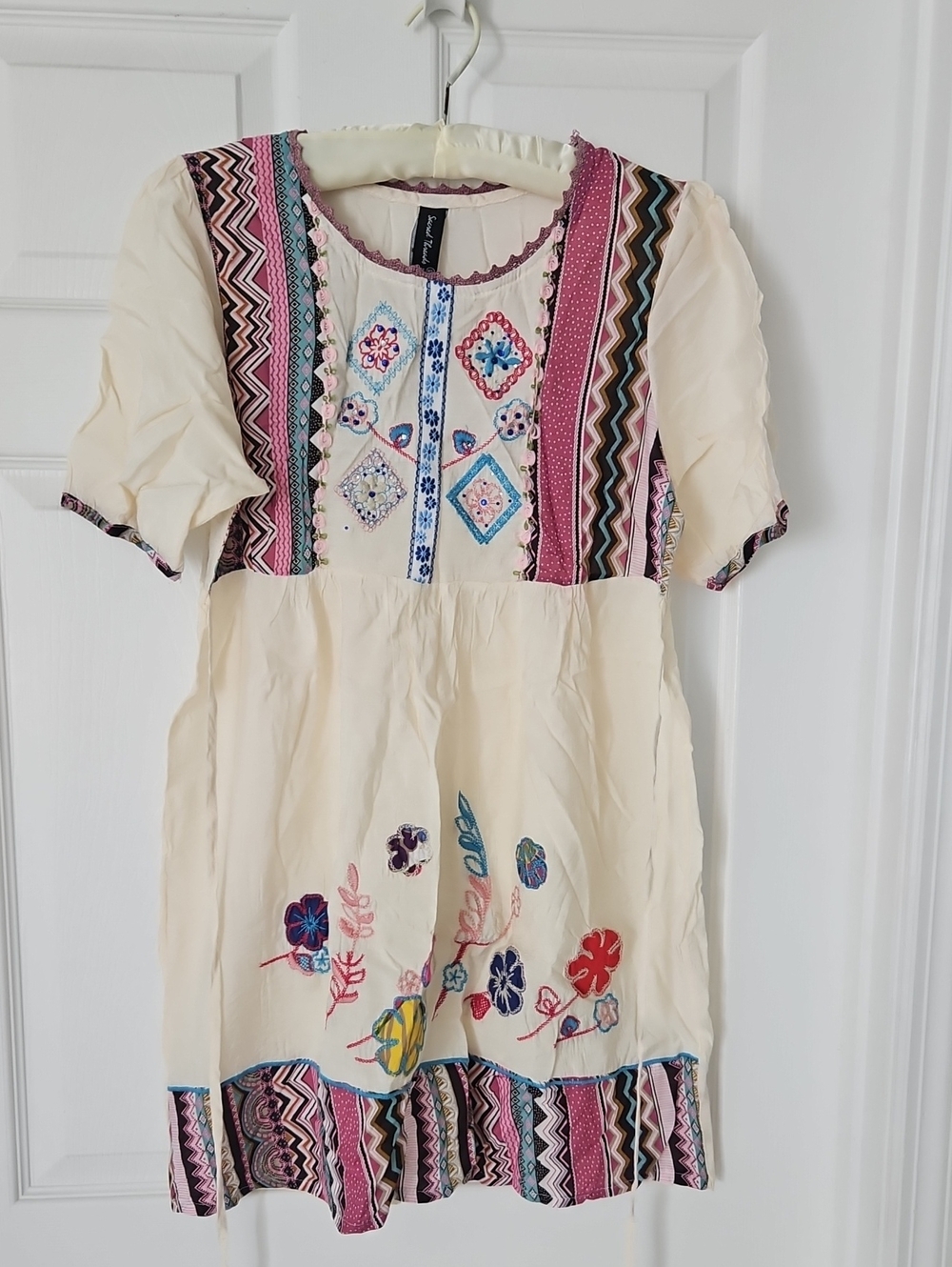Sacred Threads Cream Mini Dress with Pink, Blue and Purple Embroidery